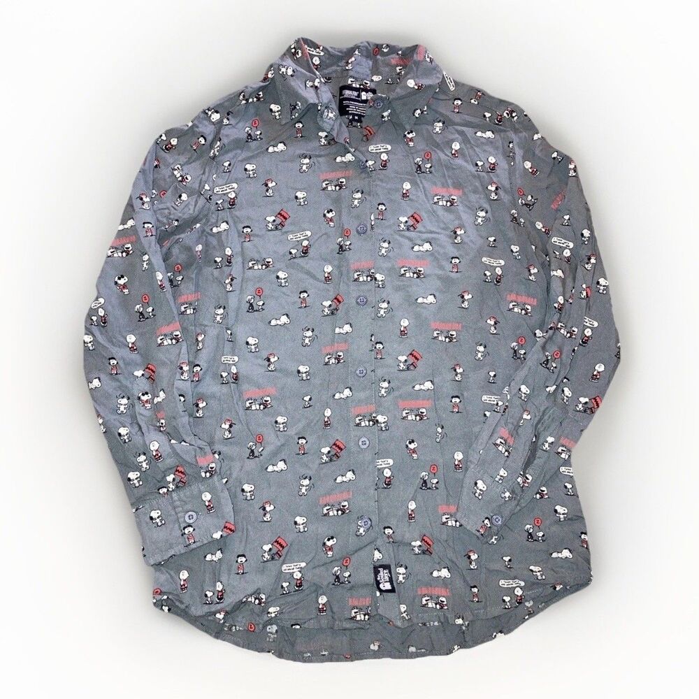 Peanuts Womens M Gray Button Up Long Sleeve Snoopy Souled Store Comics Teacher
